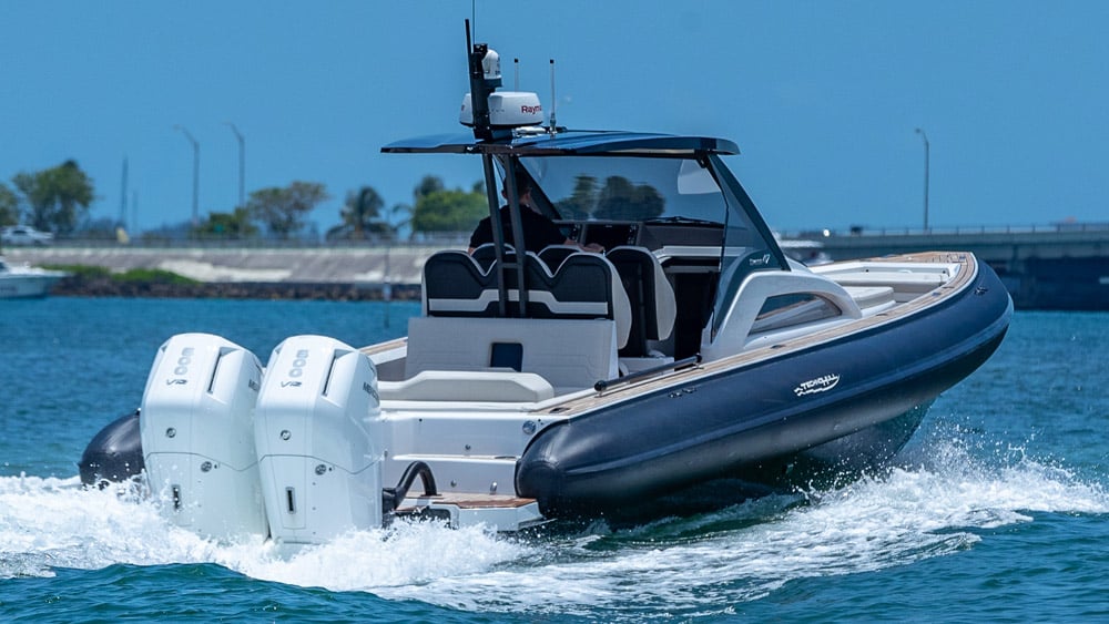 Omega 47 stern & twin Mercury V12 600hp engines at the Miami International Boat Show